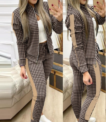 European And American Grey Stitching Plaid Casual Suit