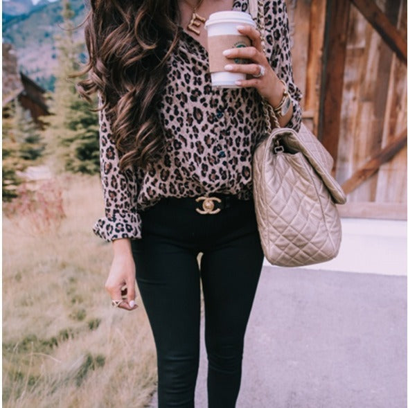 European And American Style Women Printed Leopard Button Women's Long-sleeve Blouse