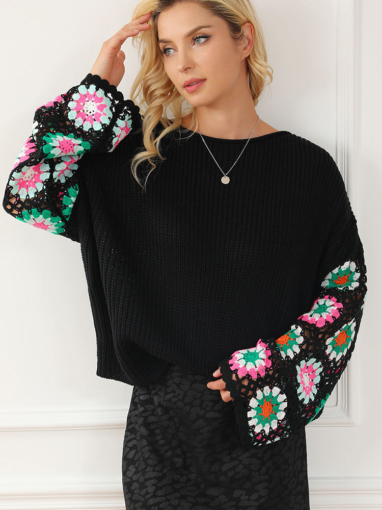 Women's Casual Loose Floral Crochet Knitted Sweater