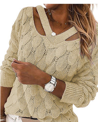 Autumn And Winter Fashion Knitwear V-neck Off-the-shoulder Long-sleeved Sweater