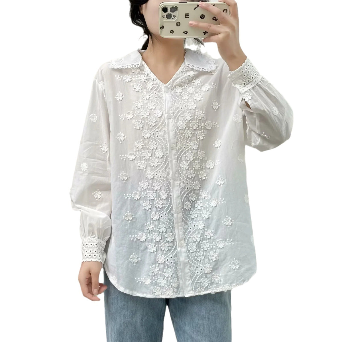 Three-dimensional Flower Embroidered Lapel Single-breasted Long Sleeve Shirt For Women