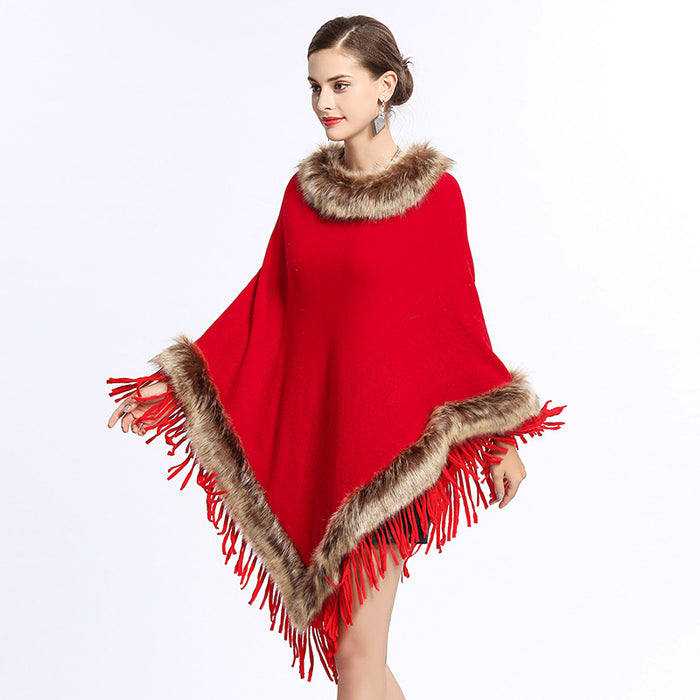 Faux Fox Fur Collar Tassel Pullover Knitting Cape And Shawl Coat