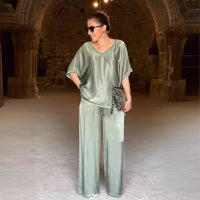 Casual V-neck Short Sleeve Wide Leg Pants Suit