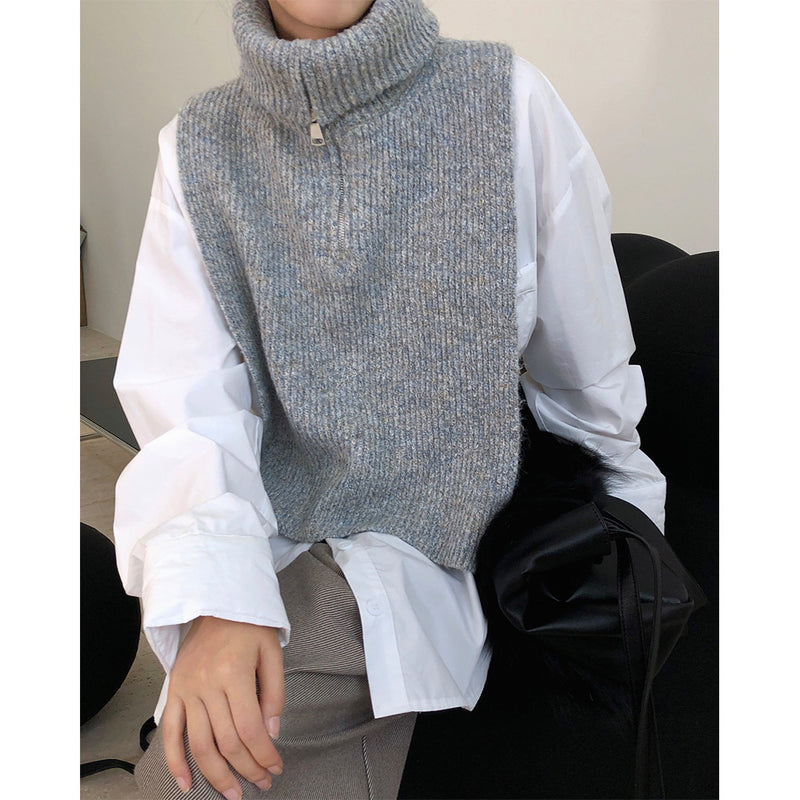 Mixed Color Zipper Pullover Shawl Warm Fake Turtleneck Top