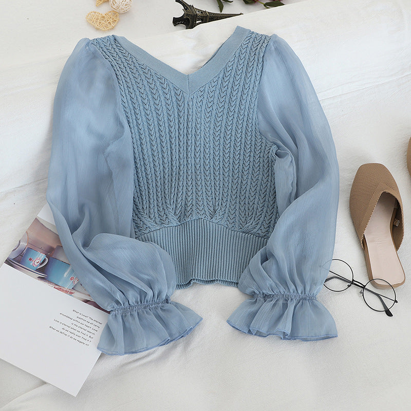 Puff Sleeve New Thin Women's Clothing V-neck Chiffon Stitching Sweater