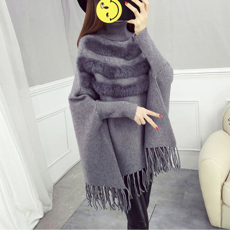 High Neck Sweater Women's Loose Medium Length Tassel Shawl Coat