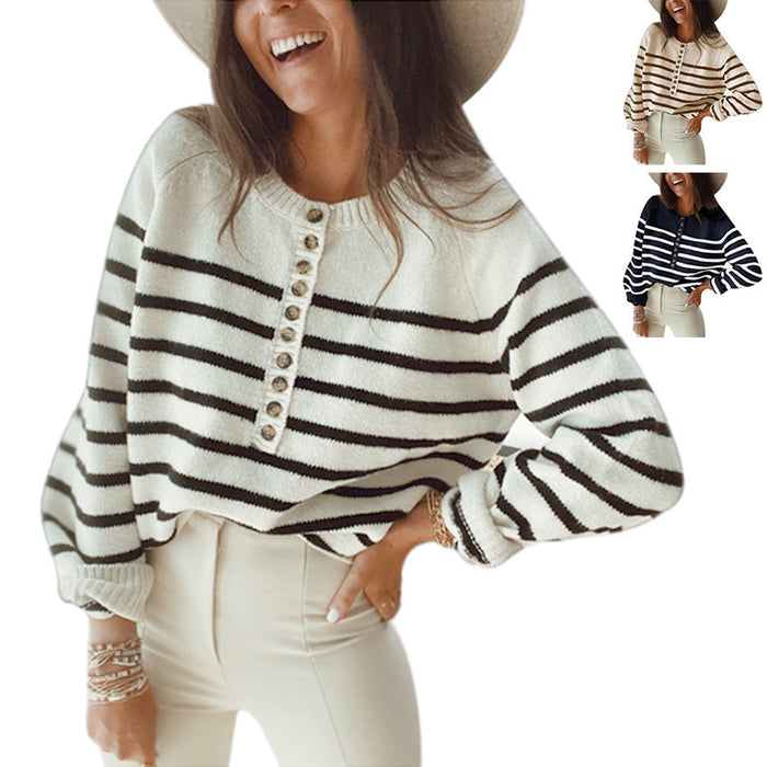 Women's Striped Pullover Top Fashion Button Cardigan