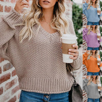 Women's Loose Knit V-Neck Pullover Solid Color