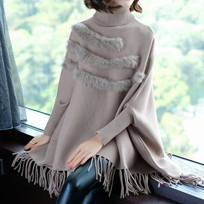 High Neck Sweater Women's Loose Medium Length Tassel Shawl Coat