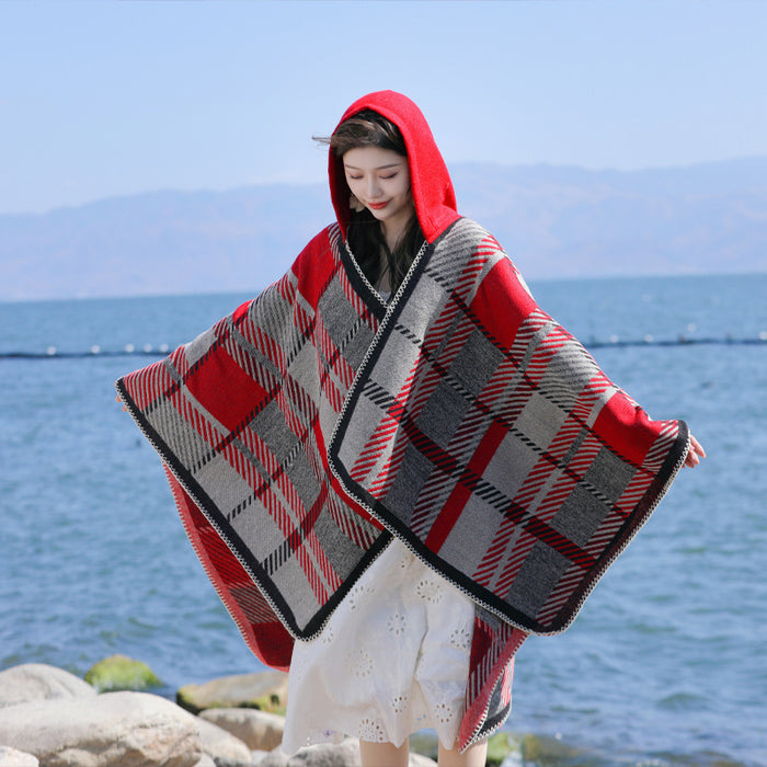 Shawl Simple Plaid Split Hooded Cape Thickened