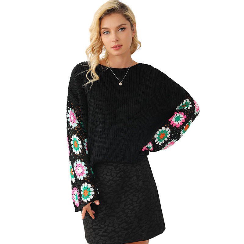 Women's Casual Loose Floral Crochet Knitted Sweater