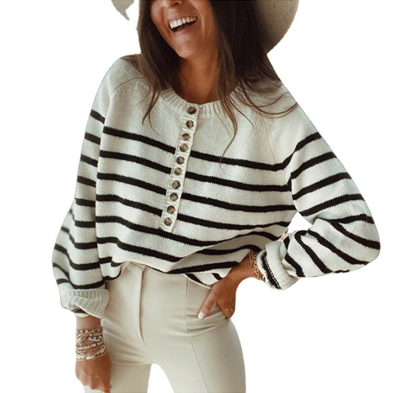 Women's Striped Pullover Top Fashion Button Cardigan