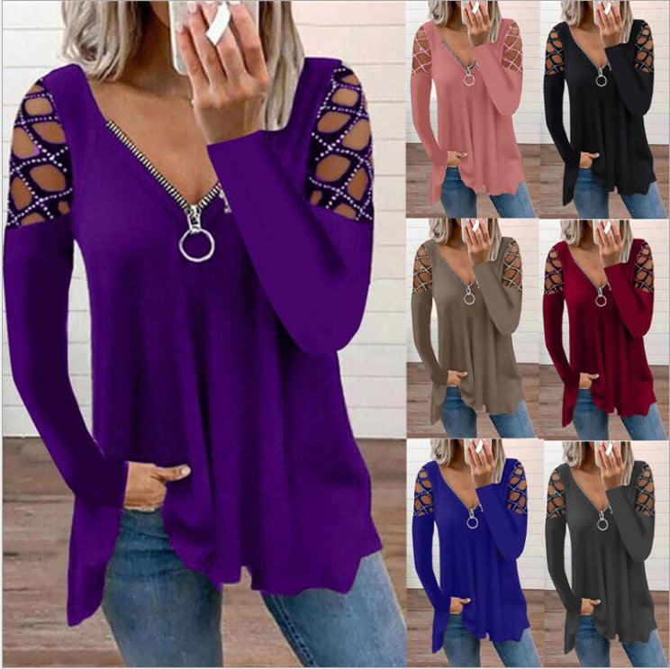 Women's V-neck Hollow-sleeve Rhinestone Casual Top