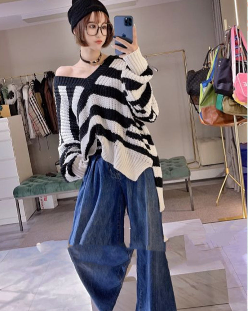 Fashion Western Style V-neck Loose And Slim Long-sleeved Sweater