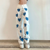 Women's Heart Print Contrast High Waist Denim Straight Pants