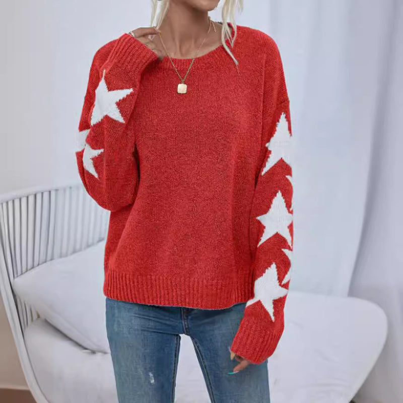 Women's Knitted Sweater Fashion Solid Color Five-pointed Star Jacquard Crew Neck Pullover Sweater