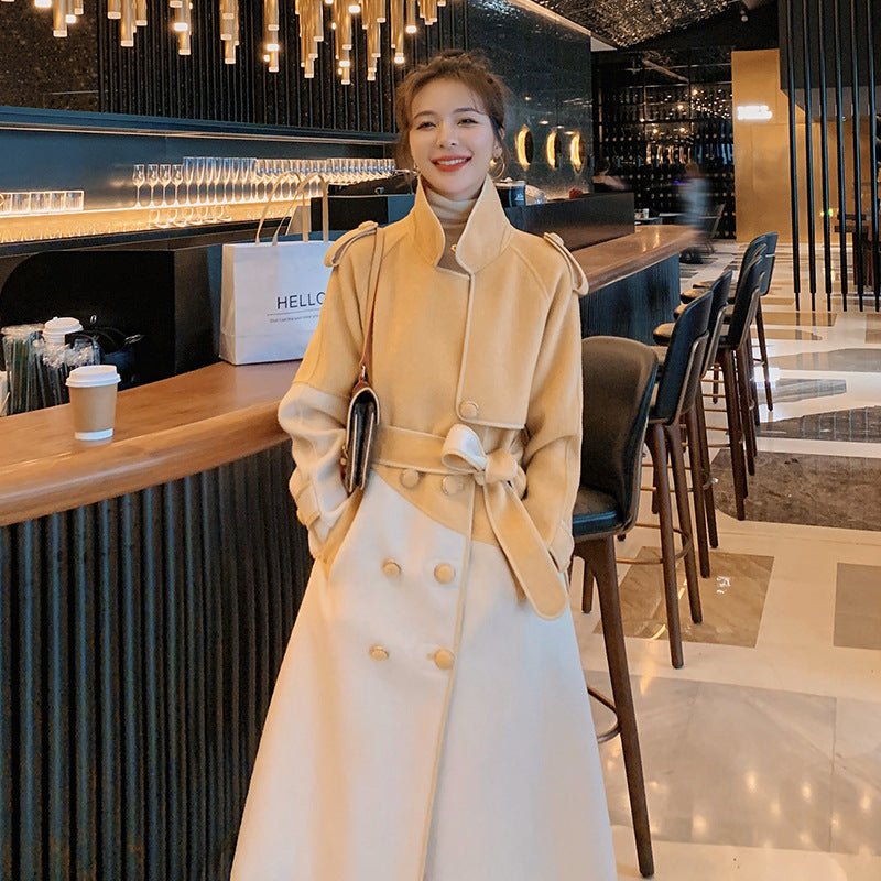 Stitching Contrast Color Edging Woolen Coat Women's Mid-length Thickening