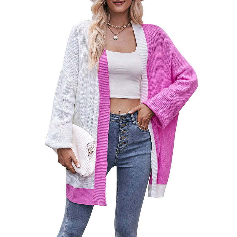 Contrast Color Loose Shawl Mid-length Sweater Cardigan