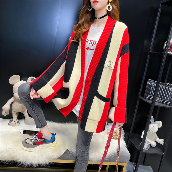 Contrast Stitching Striped Sweater Cardigan Jacket