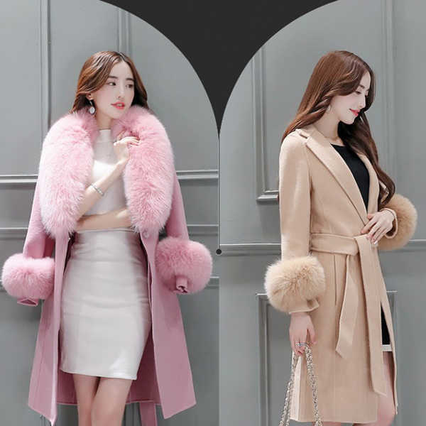 Women's long lace-up fur collar coat