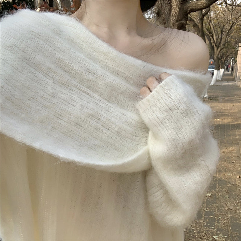 Sloping Shoulder Temperament Autumn Soft Waxy Knitted Sweater