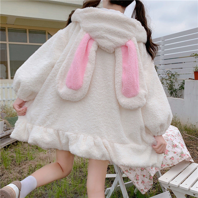 Cute rabbit ears hooded faux lamb wool