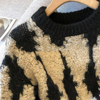 Lingge Contrast Color Lazy Style Loose Outer Wear Women's Knitted Sweater