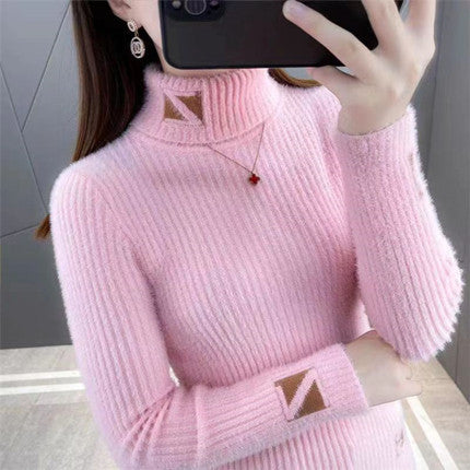 Women's Turtleneck Sweater Mink Fur Letter Jacquard Skinny Inner Match Western Style Knitted Bottoming Shirt