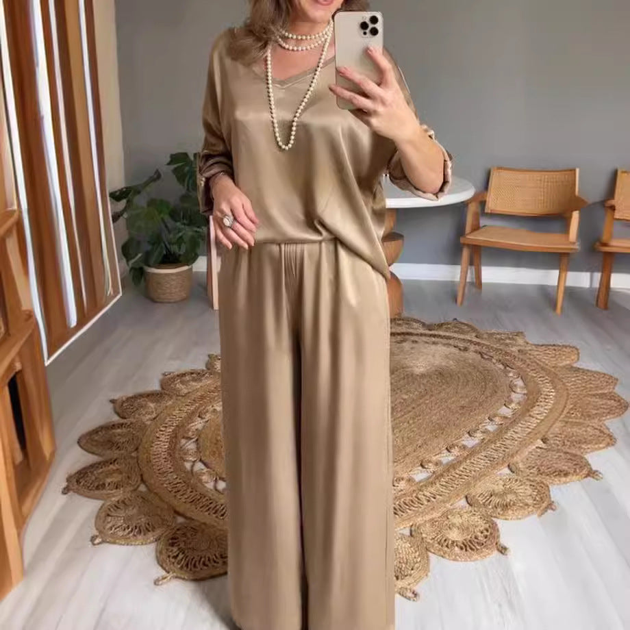 Casual V-neck Short Sleeve Wide Leg Pants Suit