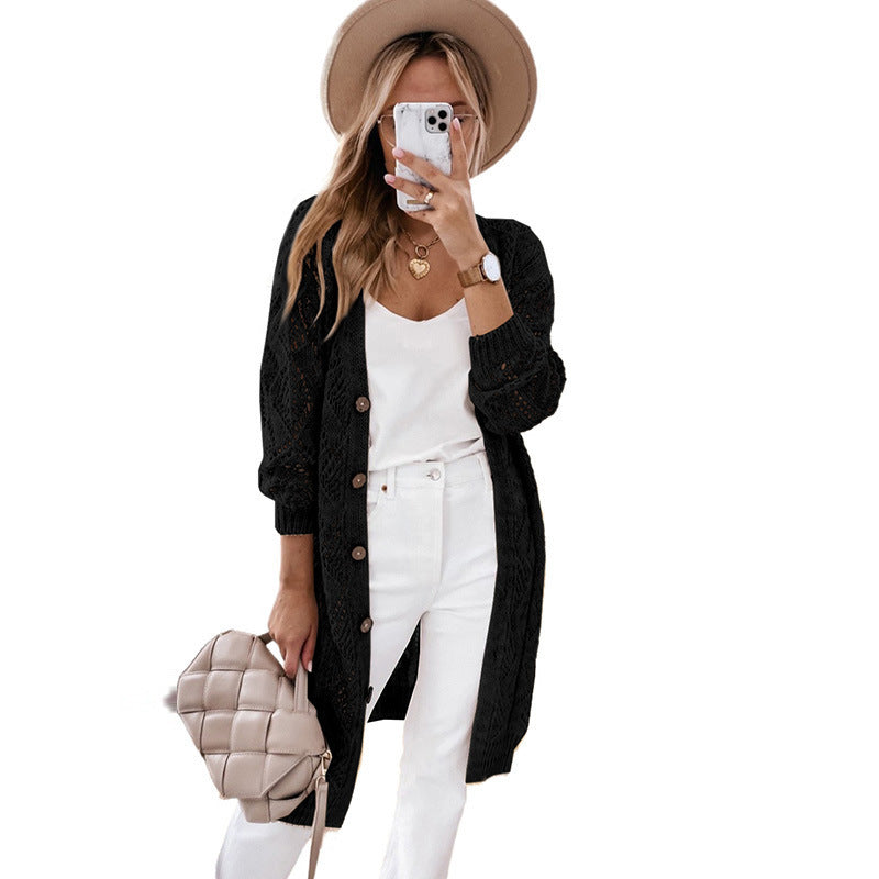 Solid Color Long-sleeved Sweater Women's Hollow-out Long Cardigan