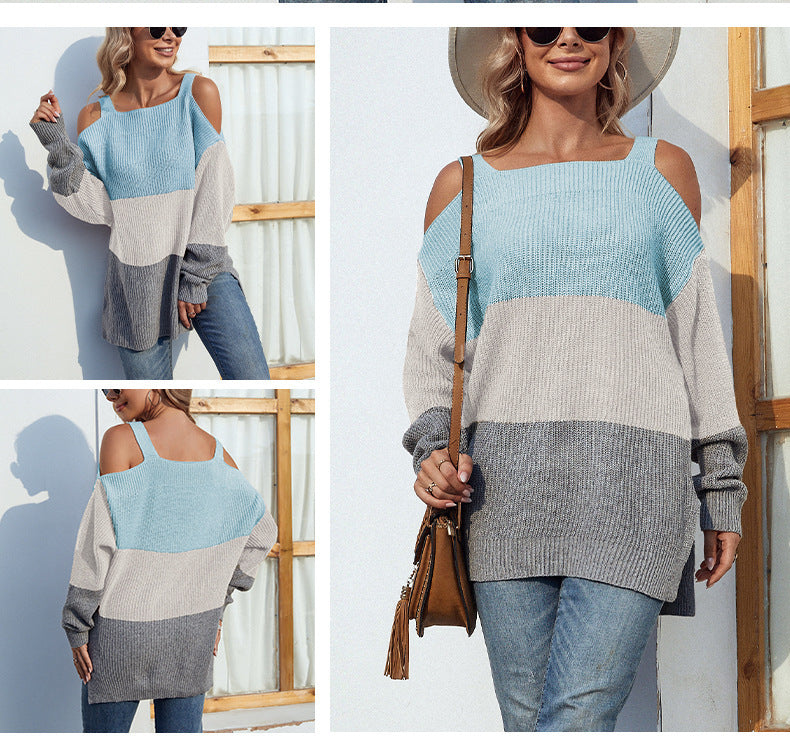 Contrast Color Off-the-shoulder Split Sling Sweater