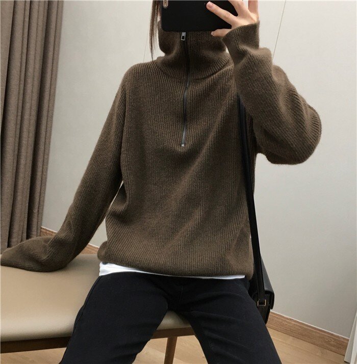 Elegant Large Lapel Zipper Pullover Sweater For Women