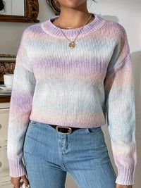 Stitching Contrast Color Knitted Sweater Fashion Pullover Round Neck Gradient Rainbow Striped Top