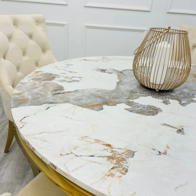 Louis Gold Dining Table Round White Marble