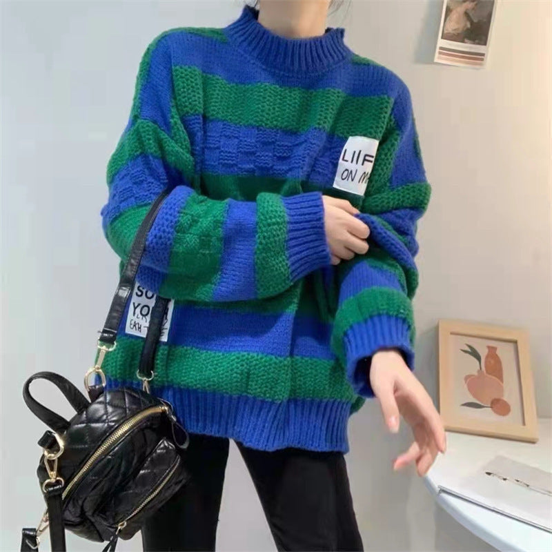 Striped Thick Wool Retro Knitted Sweater Women