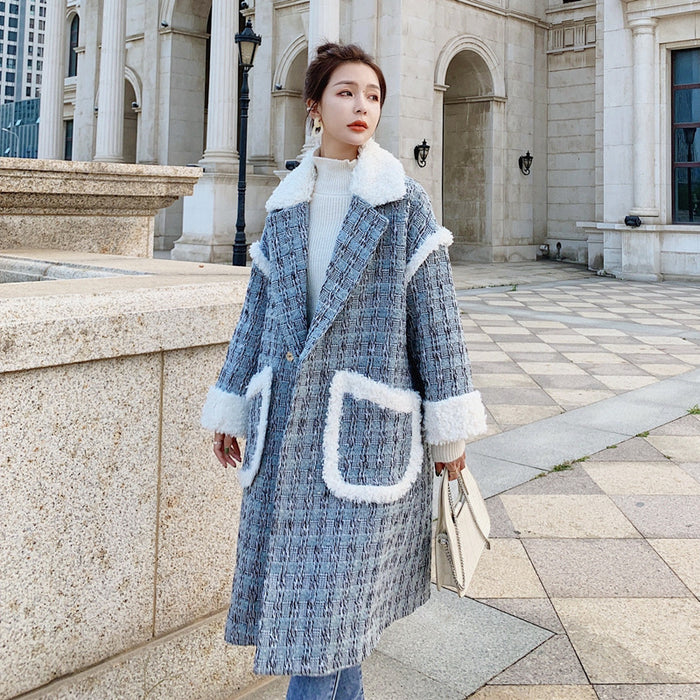 Women's Plus Cotton Padded Lamb Hair Stitching Plaid Woolen Coat