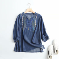 Women's Spring New V-neck Embroidered Tencel Denim Shirt