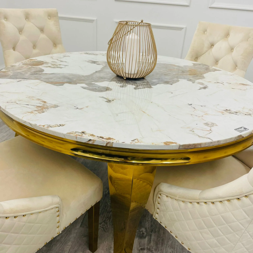 Louis Gold Dining Table Round White Marble