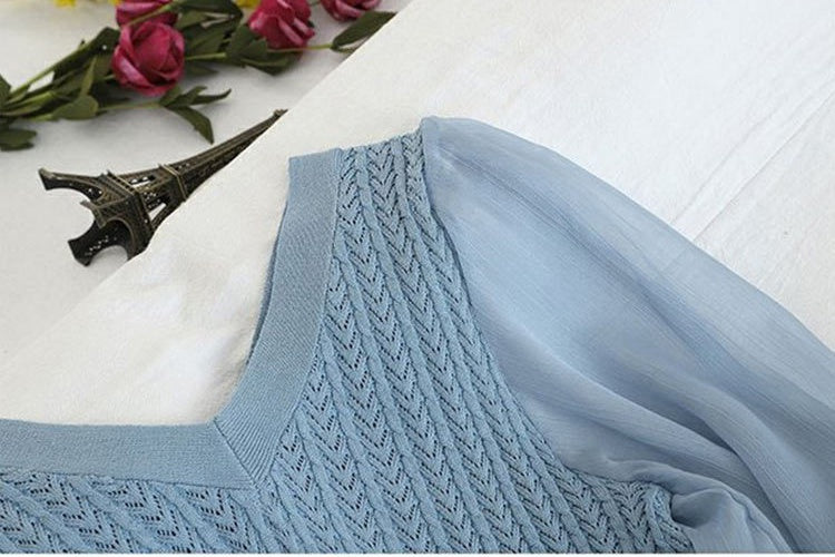 Puff Sleeve New Thin Women's Clothing V-neck Chiffon Stitching Sweater