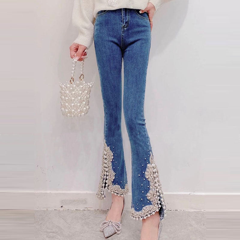 Heavy Industry Diamond-studded Bead Slit Micro-flared Pants