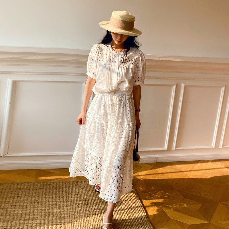 Vacation Style Embroidery Hollow French Suit