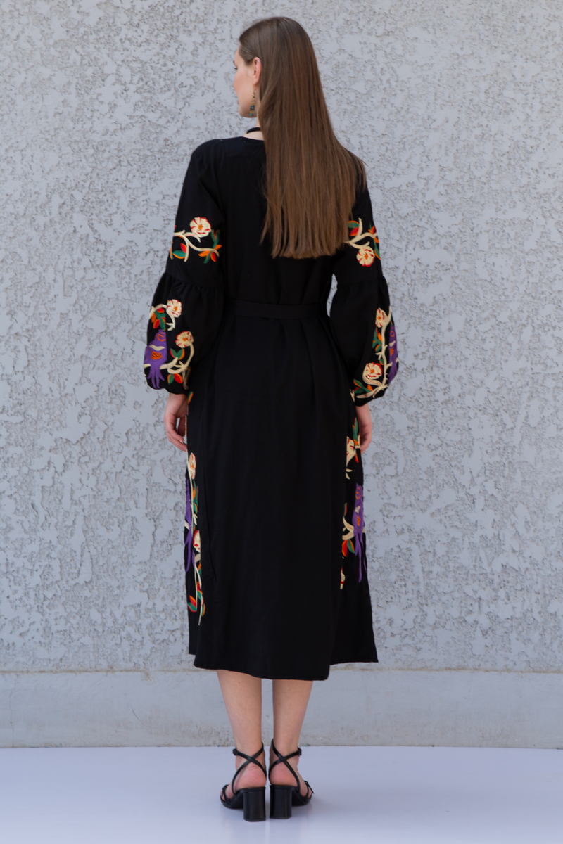 Embroidered Midi Dress With Belt