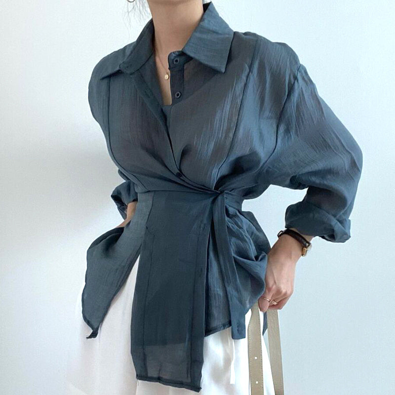 Irregular Lace-up Waist Thin Long-sleeved Sunproof Shirt Top