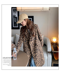 Women's Long Winter Leopard Print Woolen Coat