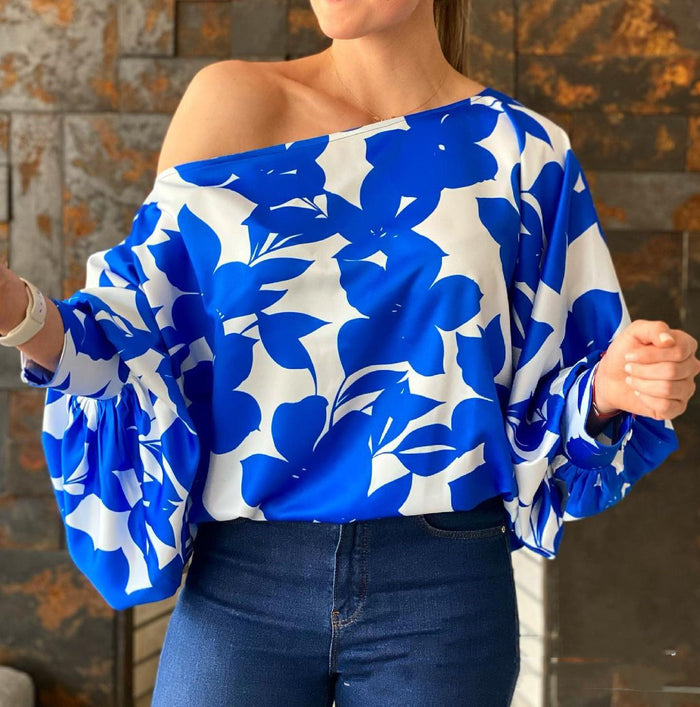 Women's Blue Off-shoulder Loose Print Top