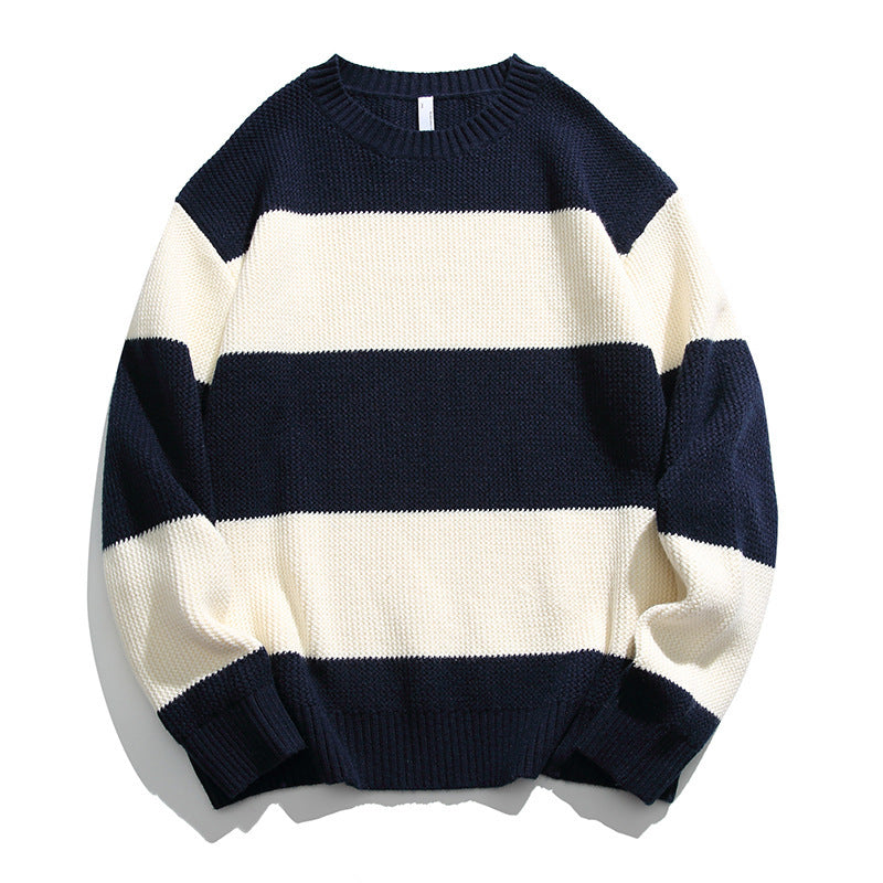 Autumn And Winter Striped Contrast Color Round Neck Sweater Men And Women Loose Leisure All-matching Couple