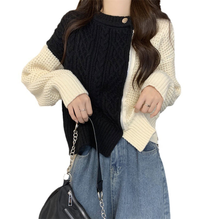 Side Zipper Design Sweater Coat Assorted Colors Retro Idle Style Knitted Top