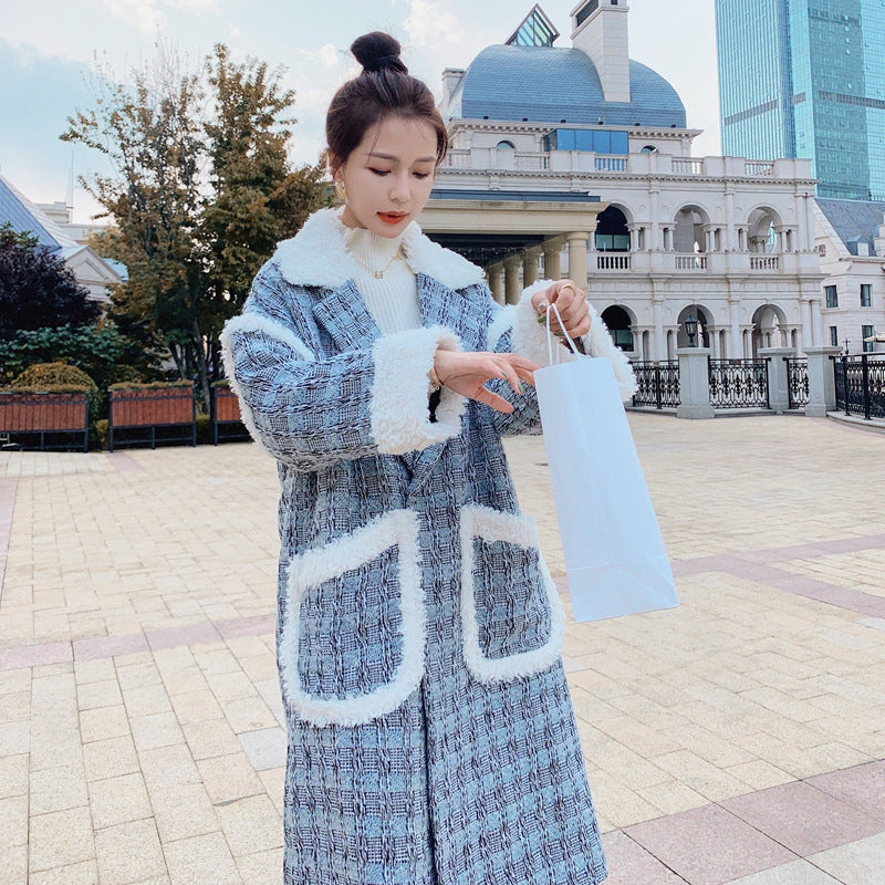 Women's Plus Cotton Padded Lamb Hair Stitching Plaid Woolen Coat