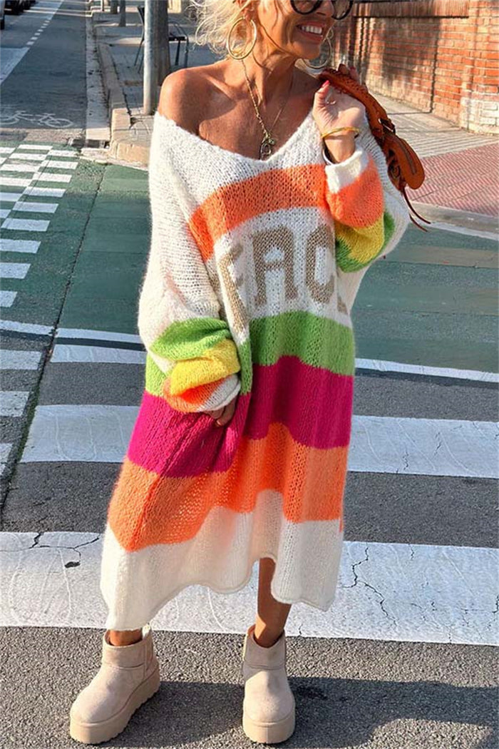 Women's Fashion Casual Rainbow Striped V-neck Loose Knitted Sweater