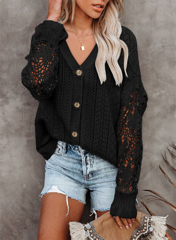 Amazon Cross-border Casual Pure Color All-matching Cardigan Hollow Lace Long Sleeve V-neck Sweater Top Women